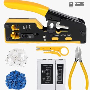 Kit de herramientas de crimpado RJ45, crimpadora de paso Ethernet, kit de reparaciรณn de herramientas de crimpado Cat5 Cat6 Cat7, incluye probador de cables, mini pelacables, cuchillas, 50